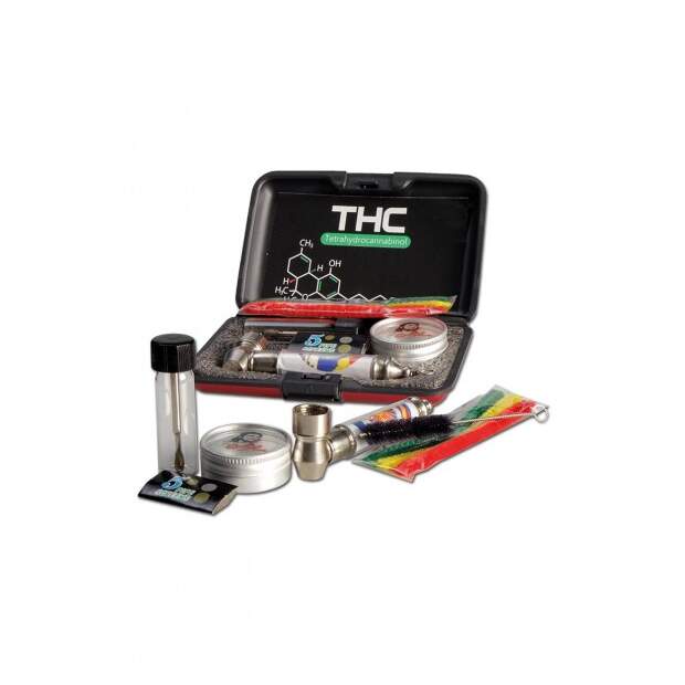 THC Metall Purpfeife Set L 80mm mit Grinder Inkl.Pfeifenreiniger + Siebe silber